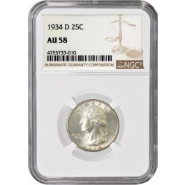 1934 D 25C Silver Washington Quarter NGC AU58 About Uncirculated Coin