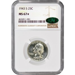 1943 S 25C Silver Washington Quarter NGC MS67 Star CAC Gem Uncirculated Coin 