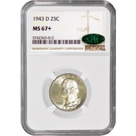 1943 D 25C Silver Washington Quarter NGC MS67+ CAC Gem Uncirculated Coin 