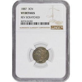 1887 3CN Three Cent Nickel NGC VF Details Reverse Scratched