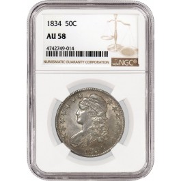 1834 50C Large Date Large Letters Capped Bust Half Dollar Silver NGC AU58