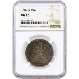 1867 S 50C Seated Liberty Half Dollar Silver NGC VG10 Very Good Circulated Coin
