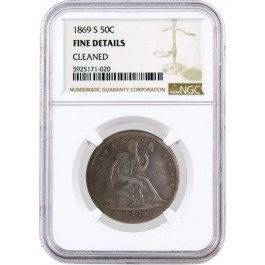 1869 S 50C Seated Liberty Half Dollar Silver NGC Fine Details Cleaned Coin