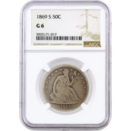 1869 S 50C Seated Liberty Half Dollar Silver NGC G6 Good Circulated Coin