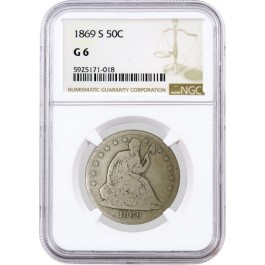 1869 S 50C Seated Liberty Half Dollar Silver NGC G6 Good Circulated Coin #018
