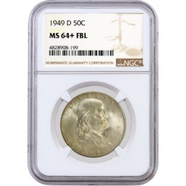 1949 D 50C Franklin Silver Half Dollar NGC MS64+ FBL Full Bell Lines Coin