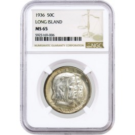 1936 50C Long Island Tercentenary Commemorative Silver Half Dollar NGC MS65 #006