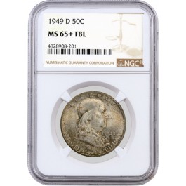 1949 D 50C Franklin Silver Half Dollar NGC MS65+ FBL Full Bell Lines Coin