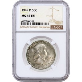 1949 D 50C Franklin Silver Half Dollar NGC MS65 FBL Full Bell Lines Coin #203
