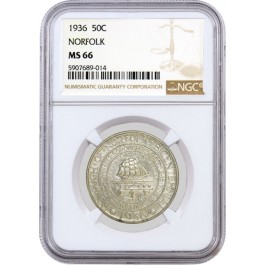 1936 50C Norfolk Bicentennial Commemorative Silver Half Dollar NGC MS66 