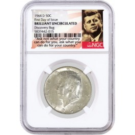 1964 D 50C Kennedy Silver Half Dollar Discovery Bag NGC BU First Day Of Issue