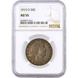 1915 D 50C Barber Silver Half Dollar NGC AU55 About Uncirculated Coin