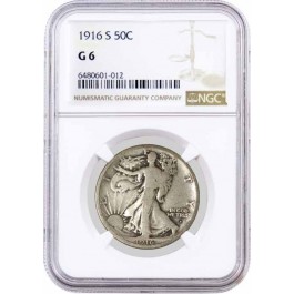 1916 S 50C Walking Liberty Silver Half Dollar NGC G6 Key Date Coin #012