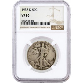 1938 D 50C Walking Liberty Silver Half Dollar NGC VF20 Circulated Key Date Coin