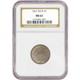 1867 5C Shield Nickel With Rays NGC MS62 Uncirculated Coin 
