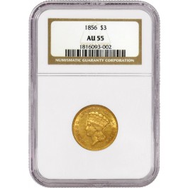 1856 $3 Indian Princess Head Three Dollar Gold NGC AU55 About Uncirculated Coin