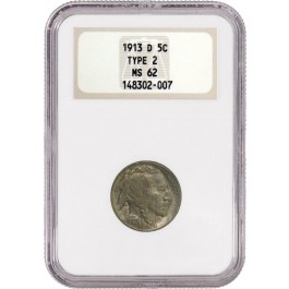 1913 D 5C Buffalo Nickel Type 2 NGC MS62 Old Fat Holder