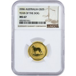 2006 $25 AUD 1/4 oz .9999 Fine Gold Australian Perth Mint Lunar Dog NGC MS67