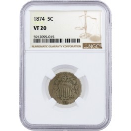 1874 5C Shield Nickel NGC VF20 Very Fine Circulated Coin