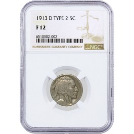 1913 D 5C Buffalo Nickel Type 2 NGC F12 Fine Key Date Coin