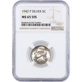 1942 P 5C Jefferson Silver War Nickel NGC MS65 5FS