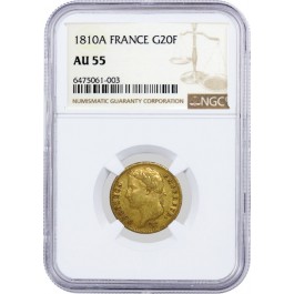 1810 A G20F 20 Francs Gold Paris France Napoleon I Emperor NGC AU55 Coin 