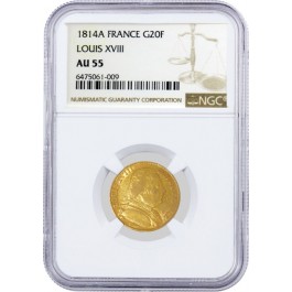 1814 A G20F 20 Francs Gold Paris Mint France Louis XVIII NGC AU55 Coin