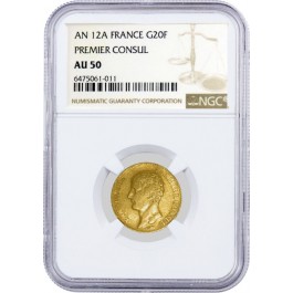 1804 AN 12A 20 Francs Gold Paris Mint France Napoleon I Premier Consul NGC AU50