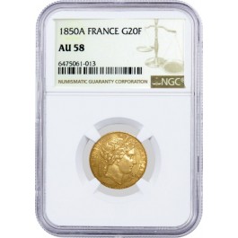 1850 A G20F 20 Francs Gold Paris Mint France Second Republic NGC AU58 Coin