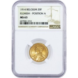 1914 20F 20 Francs Gold Brussels Mint Belgium Flemish Position A NGC MS63 Coin