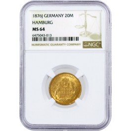 1876 J 20M 20 Mark Gold Germany German States Hamburg NGC MS64 Uncirculated Coin