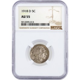 1918 D 5C Buffalo Nickel NGC AU55 About Uncirculated Key Date Coin