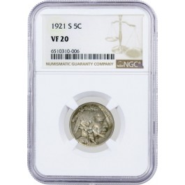 1921 S 5C Buffalo Nickel NGC VF20 Circulated Key Date Coin