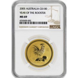 2005 $100 Australia Lunar Series I Year Of The Rooster 1 oz .9999 Gold NGC MS69