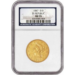 1847 $10 Liberty Head Eagle Gold SS Republic Shipwreck NGC AU55 Coin