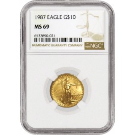 1987 $10 1/4 oz Gold American Eagle NGC MS69 Gem Uncirculated Coin