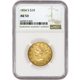 1854 S $10 Liberty Head Eagle Gold NGC AU53 About Uncirculated Coin