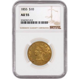 1855 $10 Liberty Head Eagle Gold NGC AU55 About Uncirculated Coin