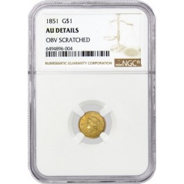 1851 $1 Liberty Head Gold Dollar Type 1 NGC AU Details Obverse Scratched Coin