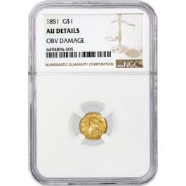 1851 $1 Liberty Head Gold Dollar Type 1 NGC AU Details Obverse Damage Coin