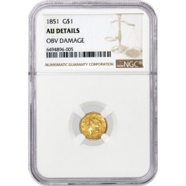 1851 $1 Liberty Head Gold Dollar Type 1 NGC AU Details Obverse Damage Coin