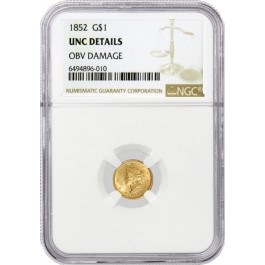 1852 $1 Liberty Head Type 1 Gold Dollar NGC UNC Details Obverse Damage Coin 