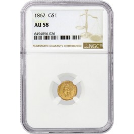 1862 $1 Indian Head Princess Type 3 Gold Dollar NGC AU58 About Uncirculated Coin