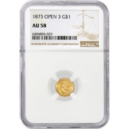 1873 Open 3 $1 Indian Princess Head Type 3 Gold Dollar NGC AU58 Coin