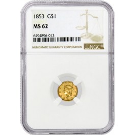 1853 $1 Liberty Head Type 1 Gold Dollar NGC MS62 Uncirculated Coin