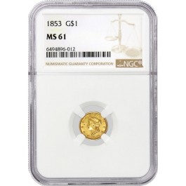 1853 $1 Liberty Head Type 1 Gold Dollar NGC MS61 Uncirculated Coin