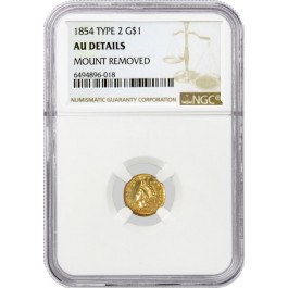 1854 $1 Indian Princess Head Type 2 Gold Dollar NGC AU Detail Mount Removed Coin