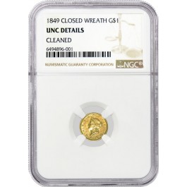 1849 $1 Liberty Head Type 1 Gold Dollar Closed Wreath NGC UNC Details Cleaned 