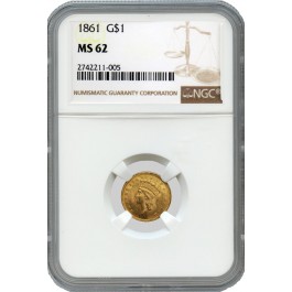1861 $1 Indian Princess Head Gold Type 3 NGC MS62