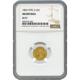 1854 $1 Indian Princess Head Type 2 Gold Dollar NGC AU Details Bent Coin